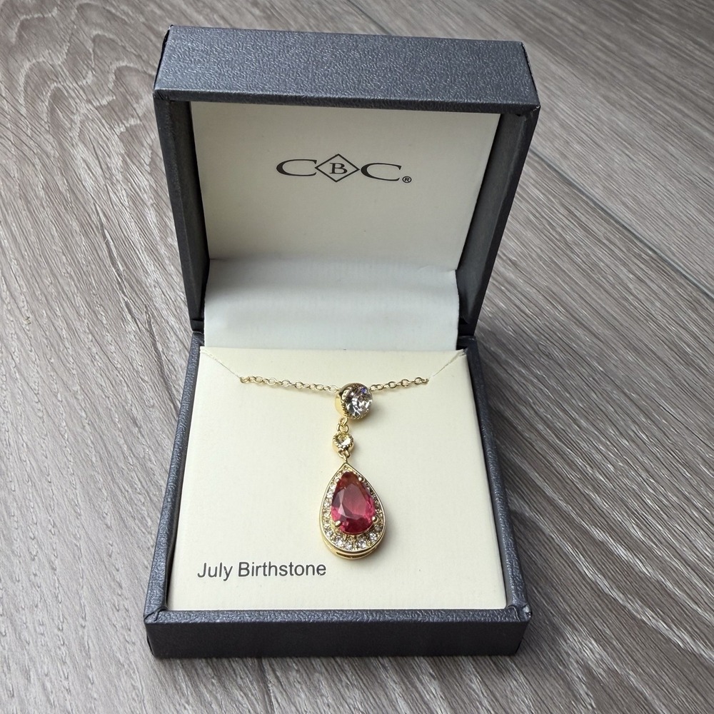 CBC‎ July Birthstone Necklace Pear Ruby Teardrop Halo Gold Tone Pendant New